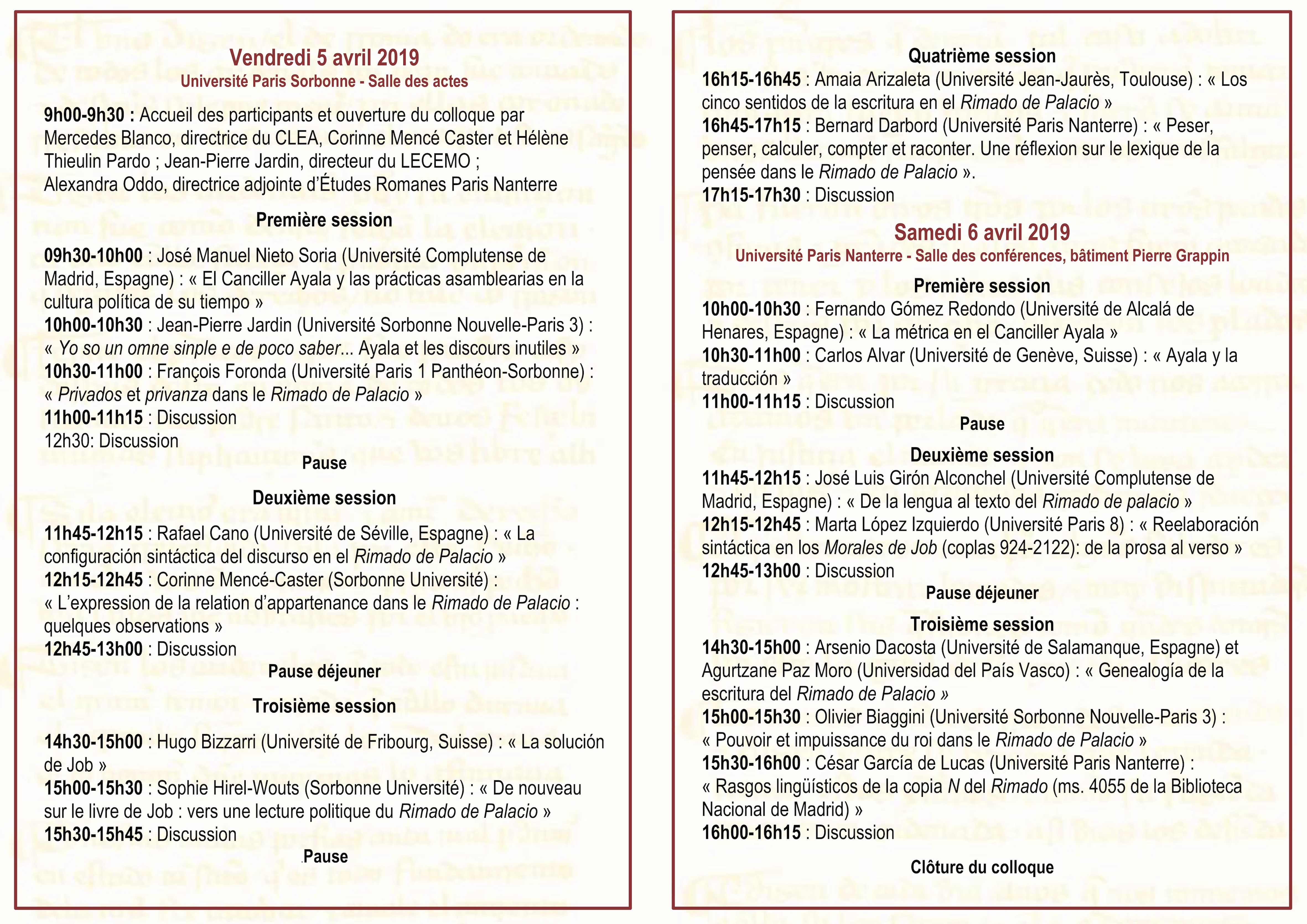 Programme Colloque Rimado de Palacio